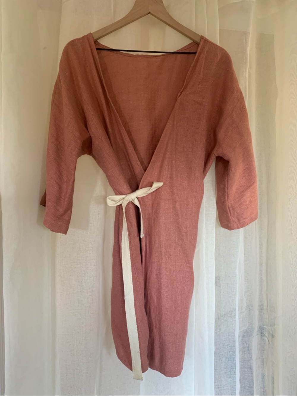 Australia BASK Home Women's Linen Wrap Robe Kimono Style Tie Closure Blush Pink